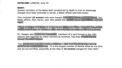 Photo of Iran reportedly executes 16 Bahai in secret (The New York Times – 6/20/1983)